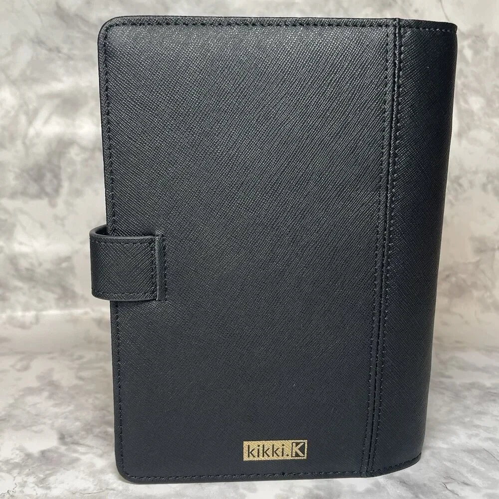 Kikki K Black Leather Personal Planner Medium Gold Snap Organizer New Boxed-READ